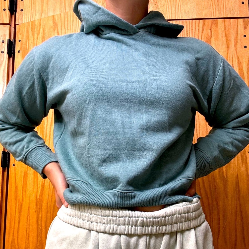 Blue/green hoodie size XSM but fits medium sized build